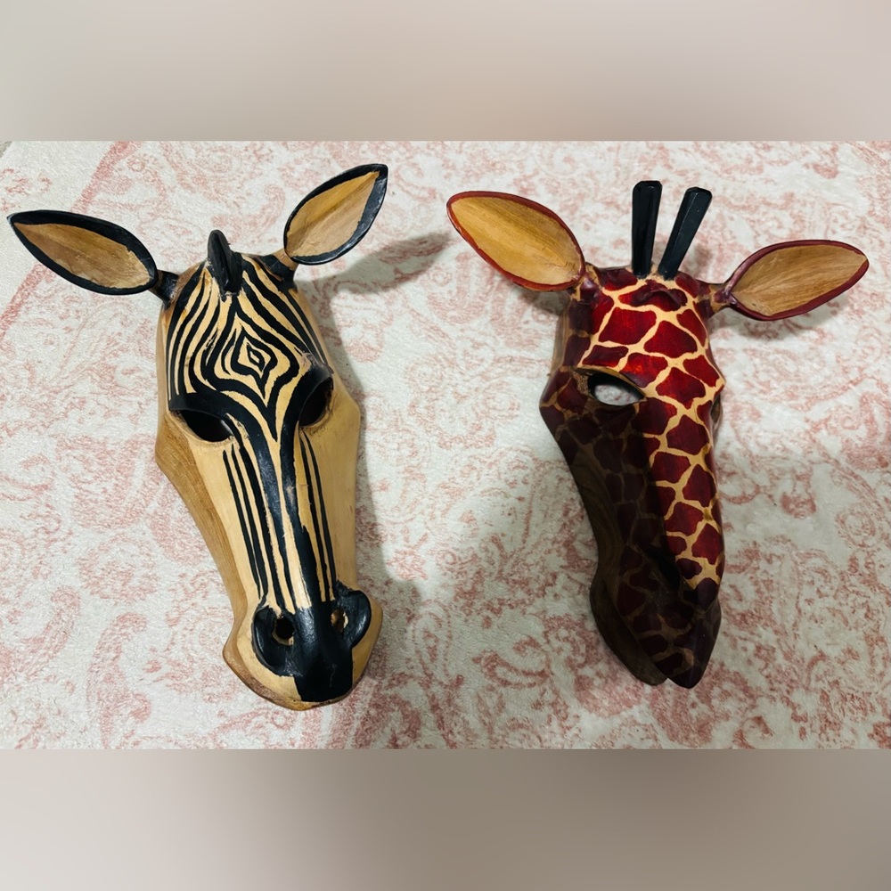 Hand-Carved Wooden African Animal Mask Wall Hangings